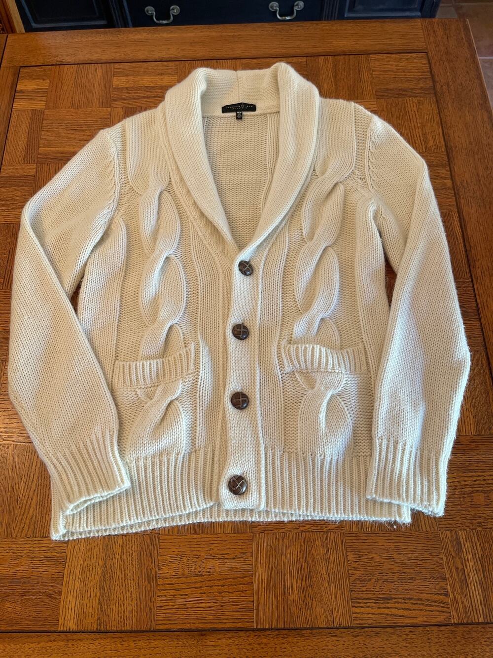 Twentyone Men classic cream-colored cable knit shawl collar cardigan M